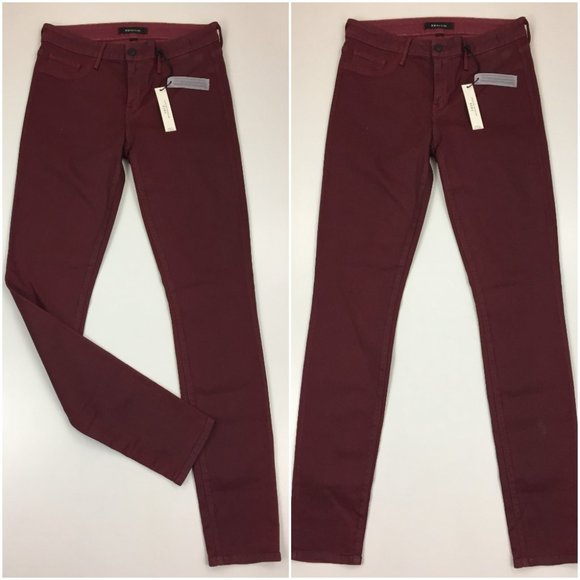 NWT MM DENIM Dark Red Glittery TATE Mid-Rise Logo Hardware Slim Fit Skinny Jeans - Picture 1 of 9
